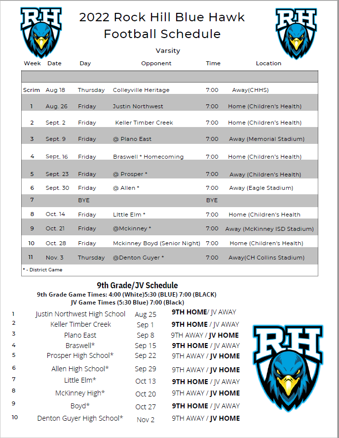 2022 Rock Hill Football schedule